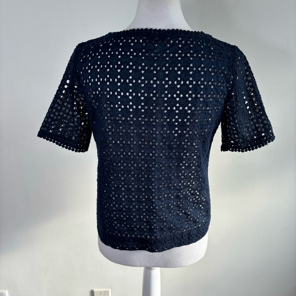 LOFT Navy Geometric Eyelet Blouse Top Cotton Size XS Petite - Picture 5 of 7